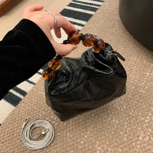 Women's High-End Textured Beaded Black Tote Crossbody Bag - 2024 Spring Summer Chinese Style Commuter Accessory