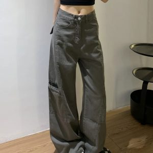 Women's High-Waisted Plus-Size Gray Wide-Leg Straight-Leg Work Pants - Cool American Style, Slimming Loose Fit
