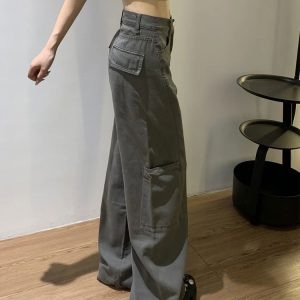 Women's High-Waisted Plus-Size Gray Wide-Leg Straight-Leg Work Pants - Cool American Style, Slimming Loose Fit