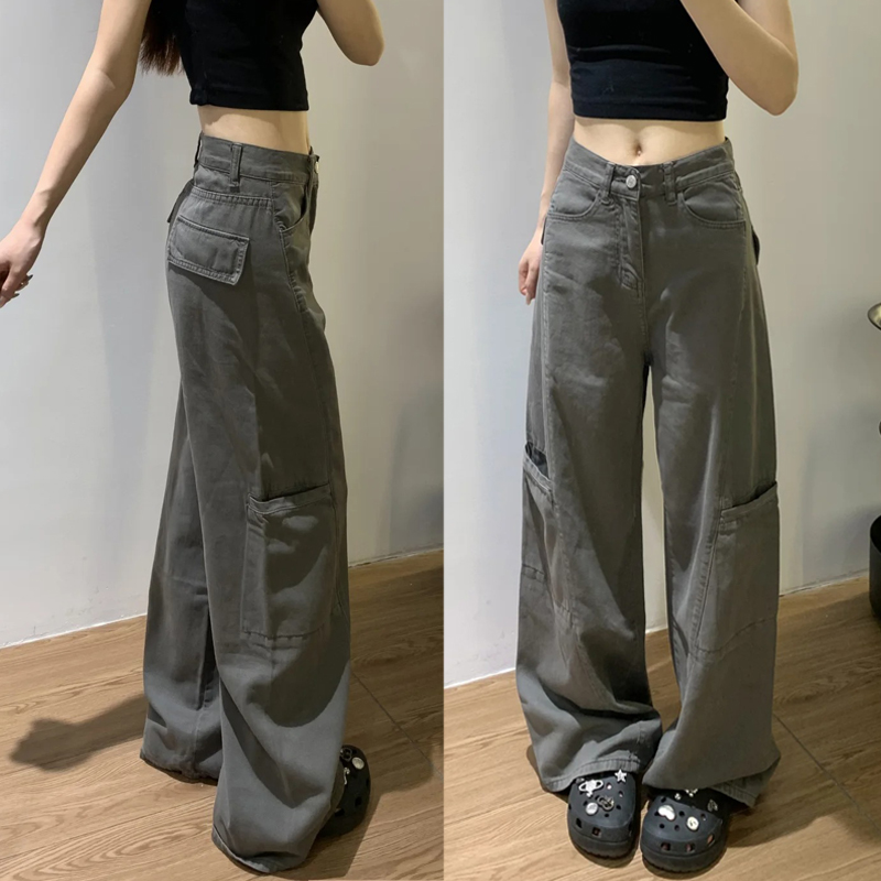Women's High-Waisted Plus-Size Gray Wide-Leg Straight-Leg Work Pants - Cool American Style, Slimming Loose Fit