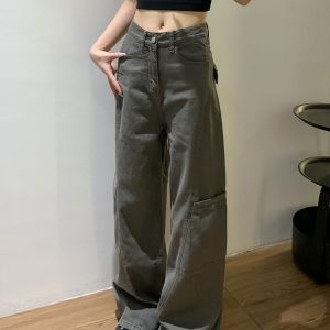 Women's High-Waisted Plus-Size Gray Wide-Leg Straight-Leg Work Pants - Cool American Style, Slimming Loose Fit