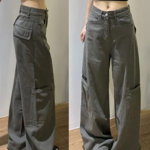 Women's High-Waisted Plus-Size Gray Wide-Leg Straight-Leg Work Pants - Cool American Style, Slimming Loose Fit