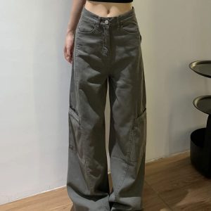 Women's High-Waisted Plus-Size Gray Wide-Leg Straight-Leg Work Pants - Cool American Style, Slimming Loose Fit