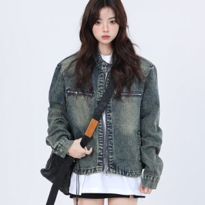 Women's Hip-Hop Loose Short Denim Jacket with Stand Collar - Unique American Street Style