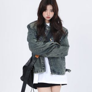 Women's Hip-Hop Loose Short Denim Jacket with Stand Collar - Unique American Street Style