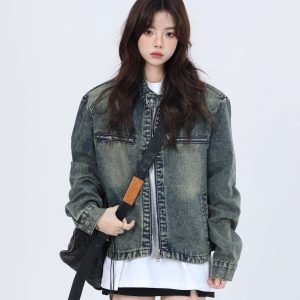 Women's Hip-Hop Loose Short Denim Jacket with Stand Collar - Unique American Street Style