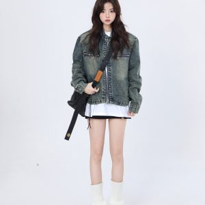 Women's Hip-Hop Loose Short Denim Jacket with Stand Collar - Unique American Street Style
