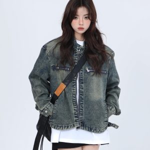 Women's Hip-Hop Loose Short Denim Jacket with Stand Collar - Unique American Street Style