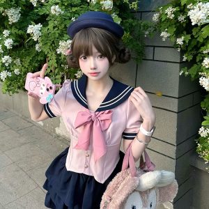 Women's Japanese Style Sailor Suit JK Uniform Shirt Set - Waist-Defined Long & Short Sleeve, Spring Summer 2024, College Style
