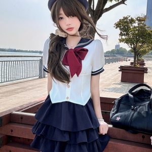 Women's Japanese Style Sailor Suit JK Uniform Shirt Set - Waist-Defined Long & Short Sleeve, Spring Summer 2024, College Style