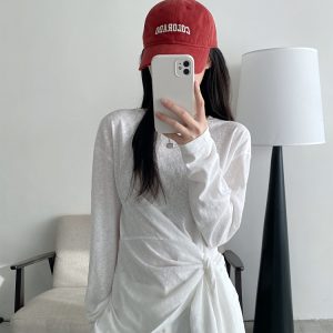Women's Korean Style Long Sleeve T-Shirt - White Base Layer, Loose Fit, Straight Shoulder, Unique Design, High-End Fashion