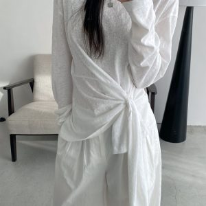 Women's Korean Style Long Sleeve T-Shirt - White Base Layer, Loose Fit, Straight Shoulder, Unique Design, High-End Fashion