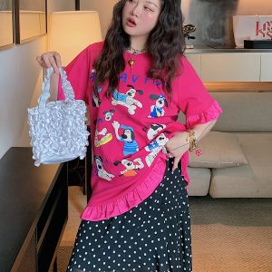 Women's Lace-Edge Printed T-Shirt in Dragon Fruit Color, Short Sleeve, 2025 Summer Design, Trendy Niche Style Top