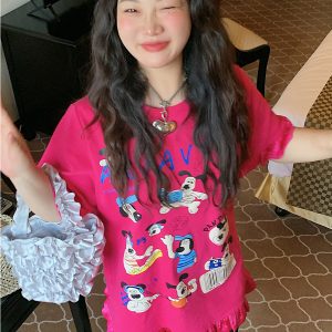 Women's Lace-Edge Printed T-Shirt in Dragon Fruit Color, Short Sleeve, 2025 Summer Design, Trendy Niche Style Top