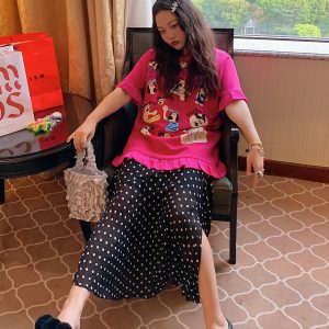 Women's Lace-Edge Printed T-Shirt in Dragon Fruit Color, Short Sleeve, 2025 Summer Design, Trendy Niche Style Top