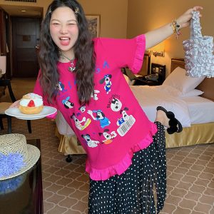 Women's Lace-Edge Printed T-Shirt in Dragon Fruit Color, Short Sleeve, 2025 Summer Design, Trendy Niche Style Top