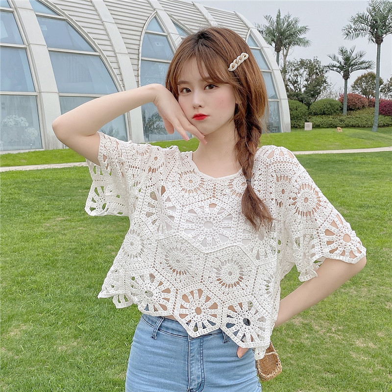 Women's Lace Pullover Top - Short Sleeve Sun Protection Shawl Cover-Up - Stylish Summer Fashion