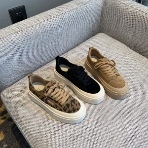 Women's Lace-Up Leopard Print Sneakers, Suede & Genuine Leather, Thick-Soled Casual Shoes, Trendy Spring 2025 Fashion Footwear