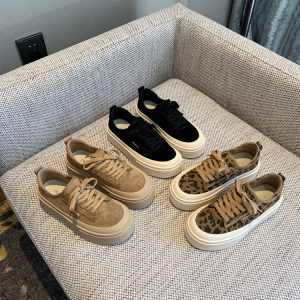 Women's Lace-Up Leopard Print Sneakers, Suede & Genuine Leather, Thick-Soled Casual Shoes, Trendy Spring 2025 Fashion Footwear