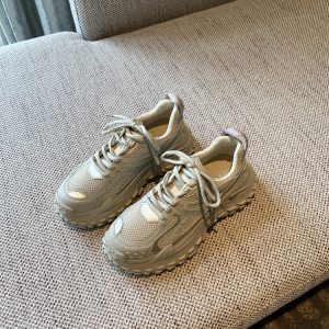 Women's Lace-Up Mesh Sports Leisure Shoes - Breathable Genuine Leather Thick-Soled Dad Sneakers for Spring 2025