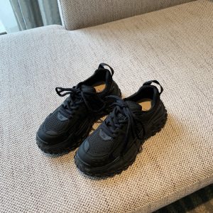 Women's Lace-Up Mesh Sports Leisure Shoes - Breathable Genuine Leather Thick-Soled Dad Sneakers for Spring 2025