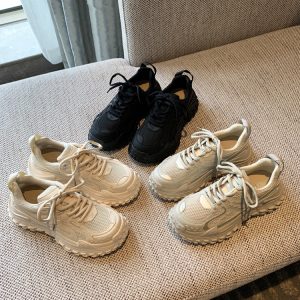 Women's Lace-Up Mesh Sports Leisure Shoes - Breathable Genuine Leather Thick-Soled Dad Sneakers for Spring 2025