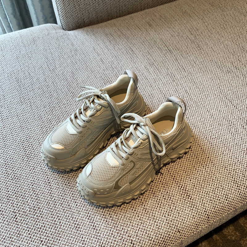 Women's Lace-Up Mesh Sports Leisure Shoes - Breathable Genuine Leather Thick-Soled Dad Sneakers for Spring 2025