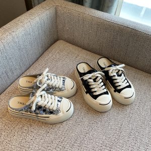 Women's Lace-Up Sequined Baotou Slippers, 2025 New Style, Thick-Soled Casual Little White Half-Drag, Versatile Footwear