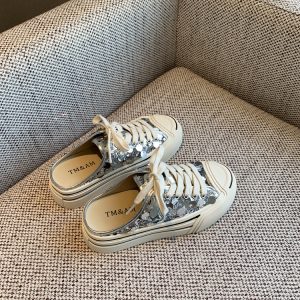 Women's Lace-Up Sequined Baotou Slippers, 2025 New Style, Thick-Soled Casual Little White Half-Drag, Versatile Footwear
