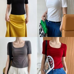 Women's Light Fabric Short Sleeve Square Neck T-Shirt - Solid Color, High Waist Slim Fit, Off-Shoulder Style for Spring/Summer