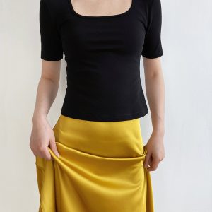 Women's Light Fabric Short Sleeve Square Neck T-Shirt - Solid Color, High Waist Slim Fit, Off-Shoulder Style for Spring/Summer