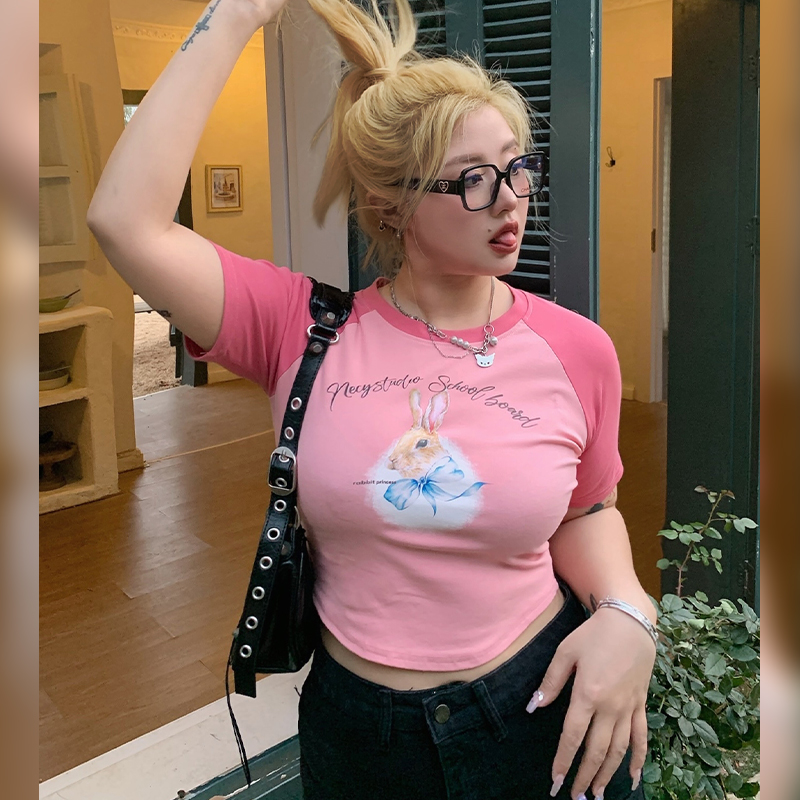 Women's Little Rabbit Graphic T-Shirt - Round Neck, Short Sleeve, Summer Loose Fit, Flattering Casual Top