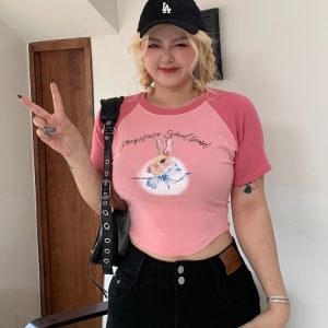 Women's Little Rabbit Graphic T-Shirt - Round Neck, Short Sleeve, Summer Loose Fit, Flattering Casual Top