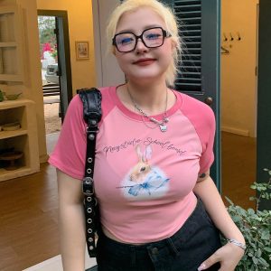 Women's Little Rabbit Graphic T-Shirt - Round Neck, Short Sleeve, Summer Loose Fit, Flattering Casual Top