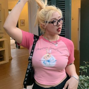 Women's Little Rabbit Graphic T-Shirt - Round Neck, Short Sleeve, Summer Loose Fit, Flattering Casual Top