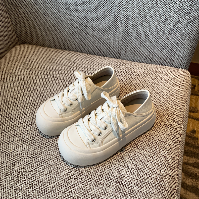 Women's Little White Lace-Up Sneakers - 2025 Trendy Ugly Cute Genuine Leather Casual Shoes with Thick Sole and Height-Increasing Design