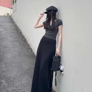 Women's Long High-Waisted A-Line Skirt, Slimming Floor-Length Liquid Ammonia Cotton, Summer Fashion, Elegant Style