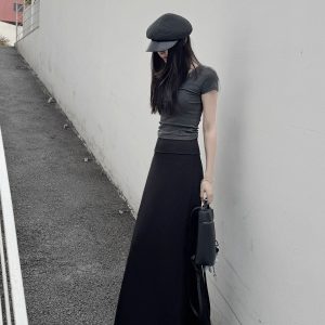 Women's Long High-Waisted A-Line Skirt, Slimming Floor-Length Liquid Ammonia Cotton, Summer Fashion, Elegant Style