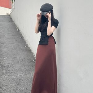 Women's Long High-Waisted A-Line Skirt, Slimming Floor-Length Liquid Ammonia Cotton, Summer Fashion, Elegant Style