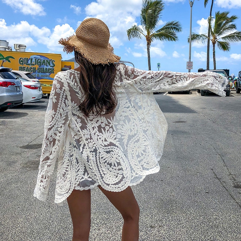 Women's Long Sleeve Bikini Cover-Up Coat - Hollow Lace Sun Protection Cardigan for Beach Vacation & Hot Springs