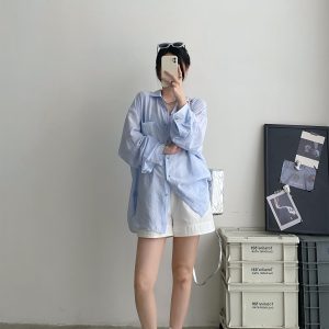 Women's Long Sleeve Tie-Dye Shirt with Lapel, Sun Grapefruit Summer Texture, Elegant Loose Fit, Casual Sun-Protective Style