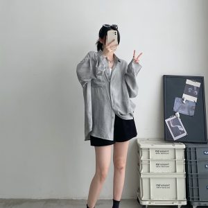 Women's Long Sleeve Tie-Dye Shirt with Lapel, Sun Grapefruit Summer Texture, Elegant Loose Fit, Casual Sun-Protective Style