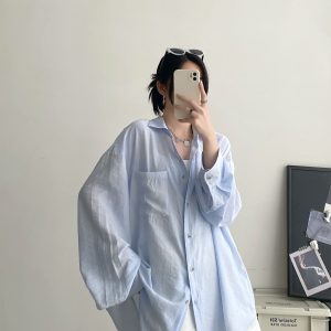 Women's Long Sleeve Tie-Dye Shirt with Lapel, Sun Grapefruit Summer Texture, Elegant Loose Fit, Casual Sun-Protective Style