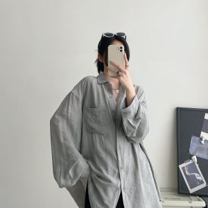 Women's Long Sleeve Tie-Dye Shirt with Lapel, Sun Grapefruit Summer Texture, Elegant Loose Fit, Casual Sun-Protective Style