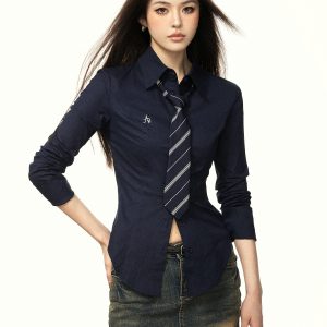 Women's Long Sleeve Waist-Cinching Shirt - American Style, College Fit, Spicy Girl Design for Spring & Autumn 2025