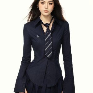 Women's Long Sleeve Waist-Cinching Shirt - American Style, College Fit, Spicy Girl Design for Spring & Autumn 2025