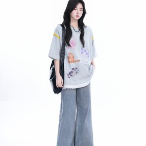 Women's Loose Cute Fake Two-Piece Lace Spliced Cat Graffiti Short Sleeve T-Shirt - Trendy Y2K Style