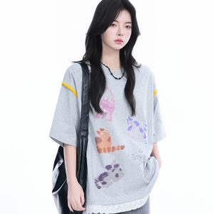 Women's Loose Cute Fake Two-Piece Lace Spliced Cat Graffiti Short Sleeve T-Shirt - Trendy Y2K Style
