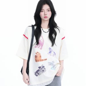 Women's Loose Cute Fake Two-Piece Lace Spliced Cat Graffiti Short Sleeve T-Shirt - Trendy Y2K Style