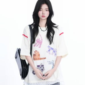 Women's Loose Cute Fake Two-Piece Lace Spliced Cat Graffiti Short Sleeve T-Shirt - Trendy Y2K Style